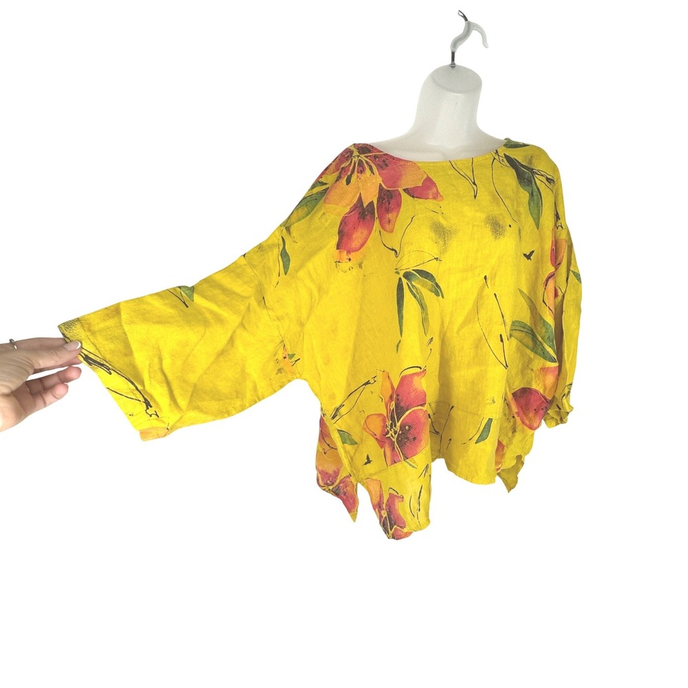 Claudia Collezioni‎ Italy Yellow Floral 100% Linen Oversized Boxy Blouse Large
